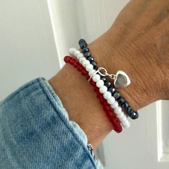 Sterling silver bracelet for women, patriotic red white blue flag jewelry, USA celebration