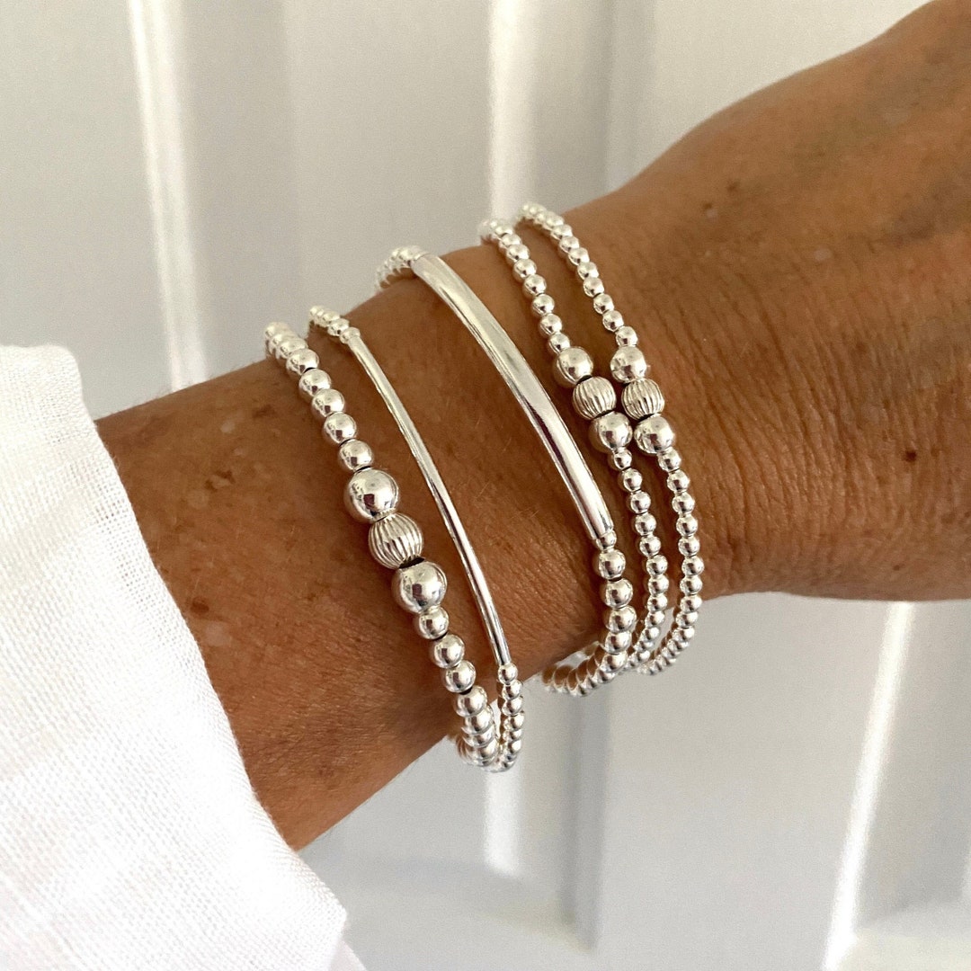 Sterling Silver Beaded Bracelet womens Jewelry Stretchy