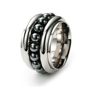 Statement ring | Hematite beads | Supersize | 15 mm wide | Polished stainless steel | MONOMANIA