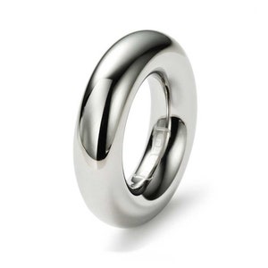 May include: A smooth, silver-toned ring with a rounded, polished surface. The ring is made of metal and has a simple, modern design.