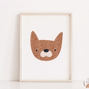 Könnte beinhalten: Ein illustrierter Fuchs-Kopf in Braun und Weiß mit einem einfachen Design. Der Fuchs schaut direkt auf den Betrachter. Das Bild ist auf weißem Hintergrund und in einem hellen Holzrahmen gerahmt.