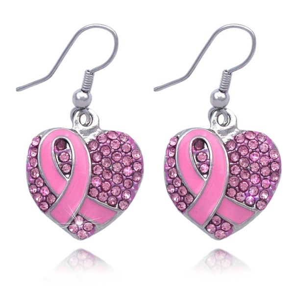 cocojewelry Support Breast Cancer Awareness Pink Ribbon Heart Earrings