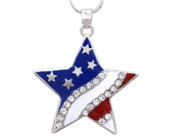 cocojewelry 4th of July USA American Flag Patriotic Red Blue Star Pendant Necklace