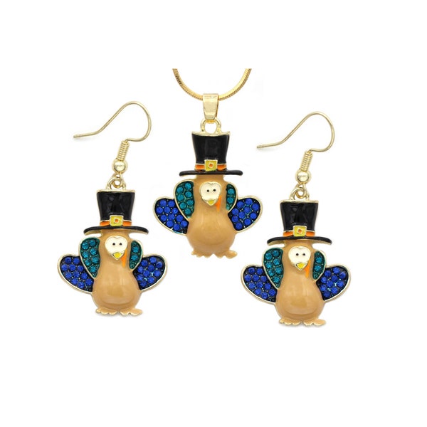 cocojewelry Blue Turkey Pilgrim Hat Pendant Necklace Dangle Earrings Set Thanksgiving Jewelry