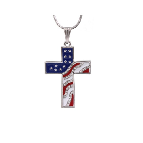 cocojewelry Cross 4th of July Patriotic USA American Flag Pendant Necklace