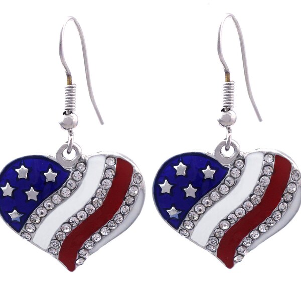 cocojewelry 4th of July USA American Flag Patriotic Red Blue Heart Hook Earrings Jewelry