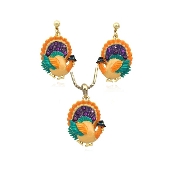 cocojewelry Orange Turkey Pilgrim Hat Necklace Pendant Dangle Earrings Set Thanksgiving Jewelry