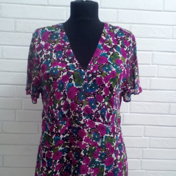 Vintage EAST Floral Crepe Blouse/Crossover Tie Back Short Sleeve Blouse/V-Neck Blouse/Wrap Top/Rose Print Blouse/ Casual Blouse/Size 14