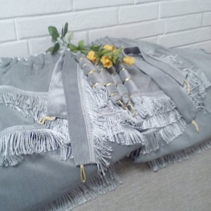 Vintage Set of 5 Pcs Luxury Victorian Fringed Gray Shimering Velvet Curtains/2 Panels+Valance+2 Tiebacks/Handmade Large Blackout Curtains