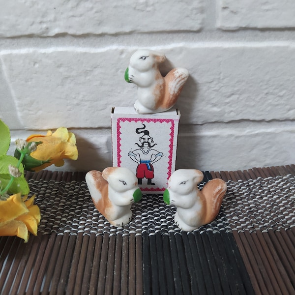 Vtg Set of 3 Miniature Squirrel Figurines/Soviet Art Pottery/Hand Painted Porcelain Mini Squirrel/Easter Decor/Doll Garden Decor/Vtg 60's