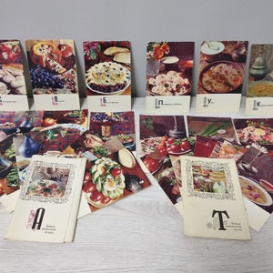Tarjetas de cocina tayika y armenia/Dos juegos/Recetas de cocina tayika y armenia/Postales de comida en color/URSS/Vintage años 70
