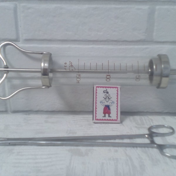 Huge Vtg 150 ml Glass Syringe + Locking Forceps/Antique Medical Instruments/Reusable Injection Instrument/Collectible Medicine/USSR/Vtg 70's