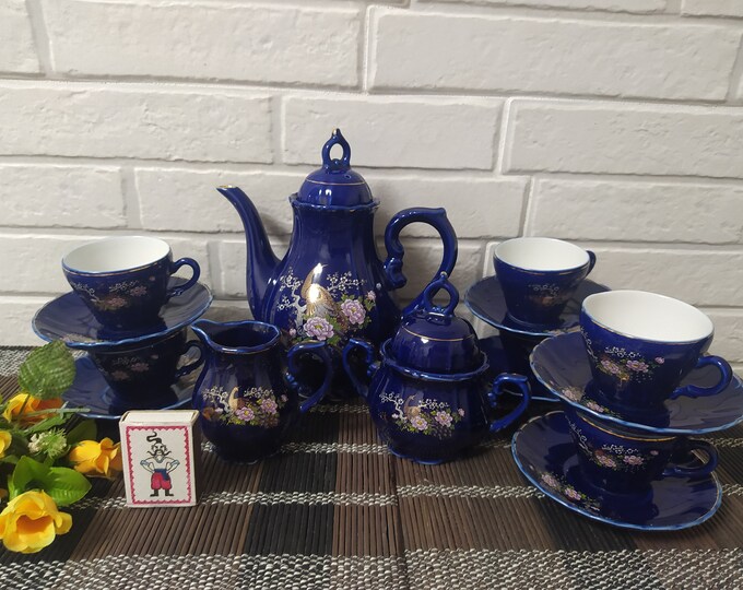 Cobalt Blue Music Box Tea Set 15 PC Coffee Set Peacock Design Japanese