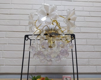 Vtg Floral White Murano Lucite Floral Chandelier/Ceramic Stem Faceted Ball Prism Drops Pendant Light/Wedding Chandelier