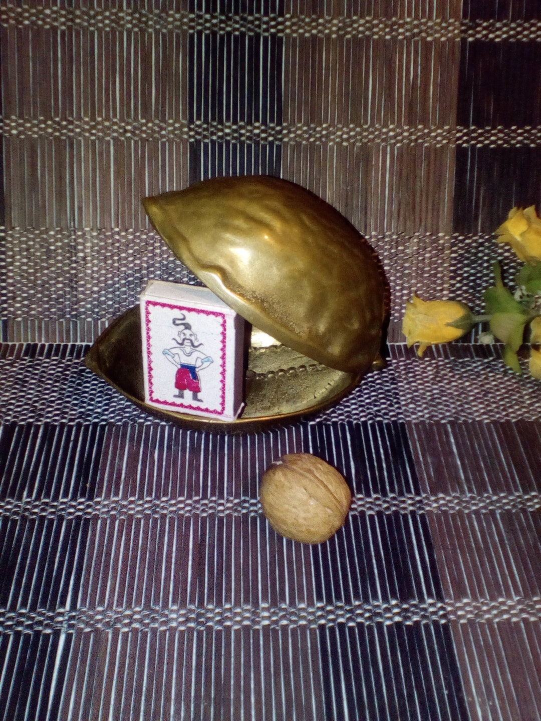 Vtg Heavy Solid Brass Walnut Nutcracker/midcentury Wallshaped