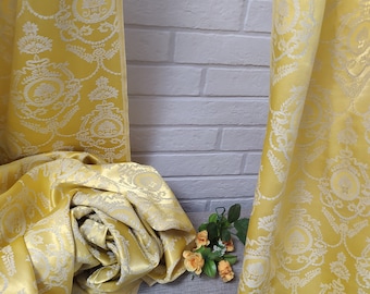 Pair of Vtg Silk Satin Damask Curtains/Floral Jacquard Light Mustard Brocade Curtains/Blackout Damask Draperies/Shimmering Curtains/Vtg 70's