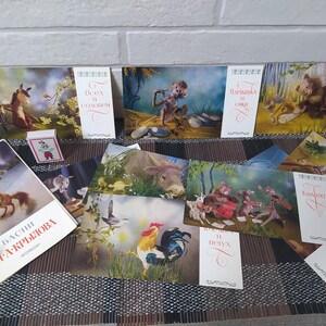 Jeu de cartes postales fables russes/fables Ivan Krylov/classique russe/contes d'animaux fabuleux/cartes postales poésie russe/signets/VTG des années 80