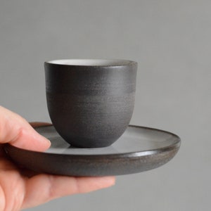 In stock SMALL BLACK BROWN espresso cup, 50-100ml/1,7-3,5oz black brown exterior and glossy white interior glazed, throwing on potter's weel image 5