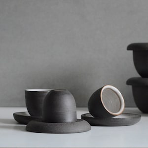 In stock SMALL BLACK BROWN espresso cup, 50-100ml/1,7-3,5oz black brown exterior and glossy white interior glazed, throwing on potter's weel image 4