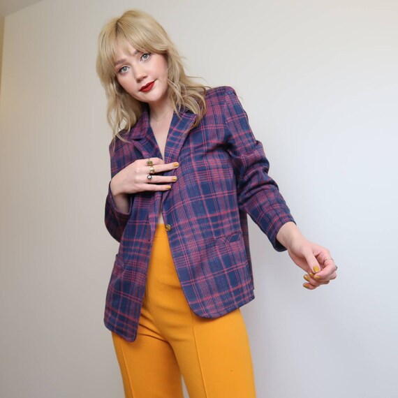 Vintage 70's Graff navy blue and pink plaid blazer