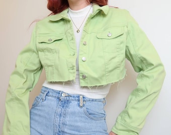 Sunset & Spring Womens Distressed Cropped Denim Jacket Size Medium Mint Green 