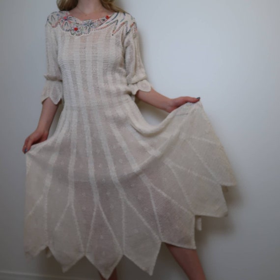 Vintage cream crochet embroidered midi dress