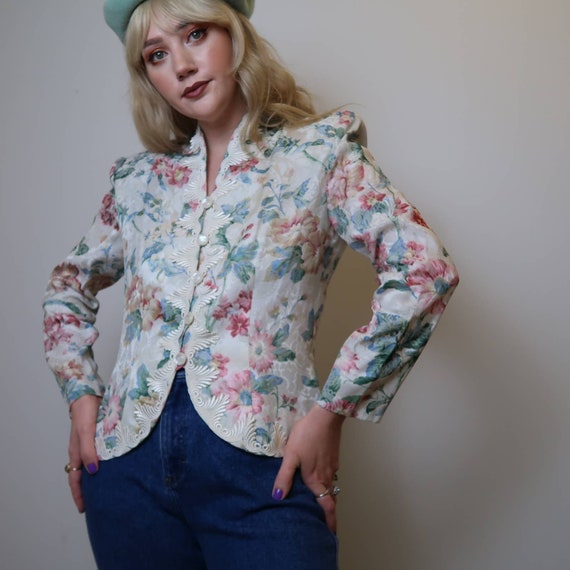 Vintage 80's white floral print jacquard blazer