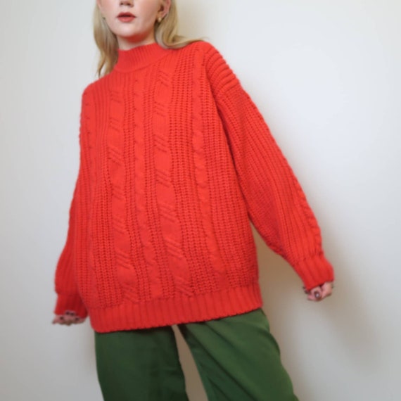 Vintage 90\u2019s Cable Knit Chunky Cardigan Red Cotton Classic size M Hunters Run Wooden Buttons