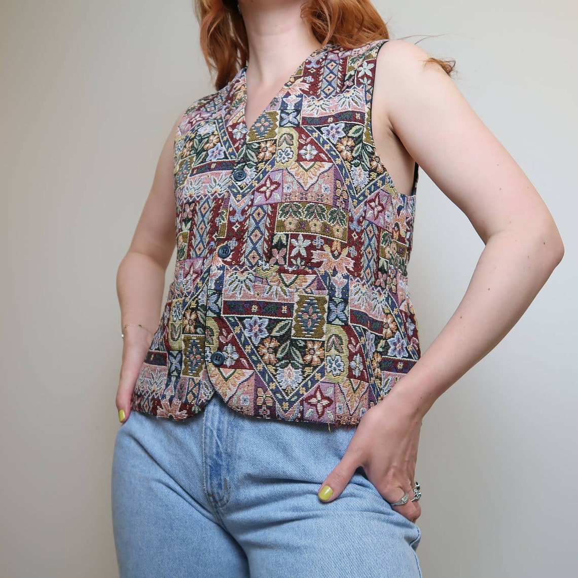 Vintage 90s floral needlepoint tapestry vest M Etsy