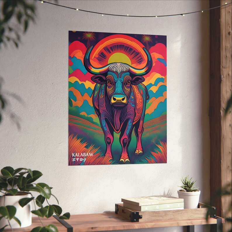 Psychedelic carabao art poster in Tagalog and Baybayin script. Celebrate Filipino culture!