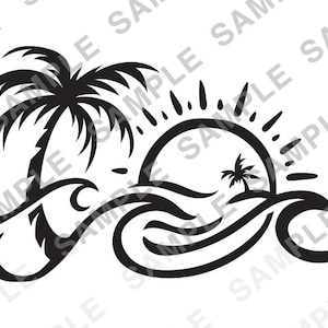 May include: Black and white silhouette of a palm tree, sun, and waves. The sun has rays and a small palm tree inside it. The waves are stylized and flow around the palm tree.