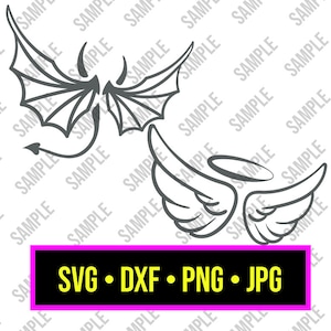Puede incluir: Una ilustración digital en blanco y negro de un par de alas de ángel y un par de alas de diablo. Las alas están delineadas en negro y tienen un diseño simple. El texto "SVG • DXF • PNG • JPG" está en la parte inferior de la imagen.