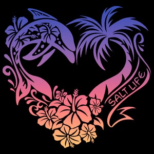 Herz Palme Delphin svg Clipart Strand Leben Salz Leben tropisch Ozean Sonnenschein Paradies Vektor sofortiger download