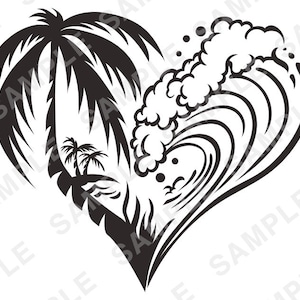 Coração palmeira onda svg clipart vida na praia vida sal oceano tropical sol paraíso vetor download instantâneo