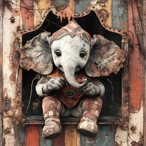 Könnte beinhalten: Ein skurriles Bild eines Baby-Elefanten in einem Zirkus-Outfit, eingerahmt von einer verwitterten, rostigen Struktur. Der Elefant trägt ein rot-weiß gemustertes Outfit mit passendem Hut. Der Hintergrund ist eine Mischung aus Rot, Orange und Blau.