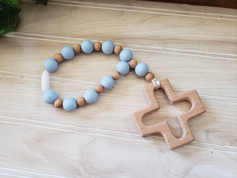 Boy colored Silicone Decade Rosary, Baby and Child's First Rosary, Baptism Gift, Sensory Toy Light blue