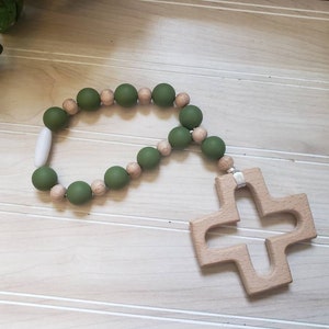 Boy colored Silicone Decade Rosary, Baby and Child's First Rosary, Baptism Gift, Sensory Toy Dark green