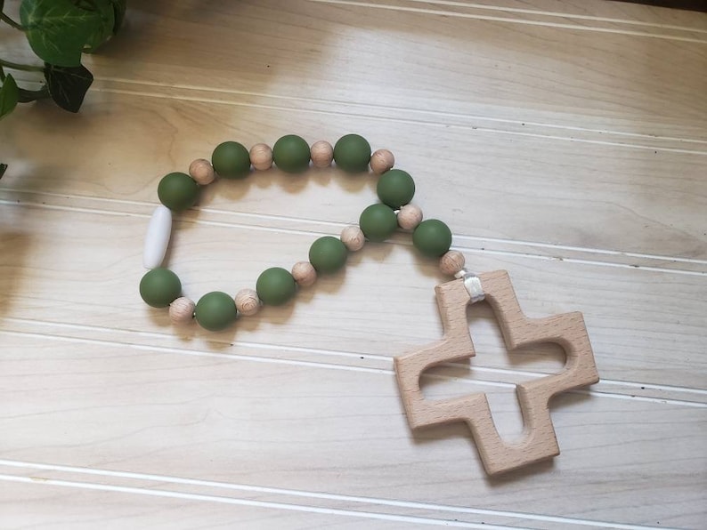 Boy colored Silicone Decade Rosary, Baby and Child's First Rosary, Baptism Gift, Sensory Toy Dark green