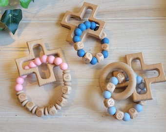 Chapelet personnalisé en silicone avec hochet, premier chapelet pour bébé et enfant, cadeau de baptême