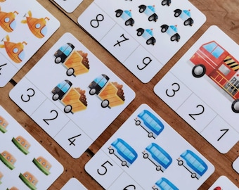 Jeu apprentissage montessori, apprendre à compter avec les transports documents linguistiques mathématique cartes de nomenclature maternelle