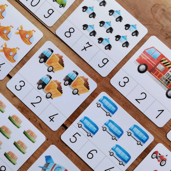 Montessori learning game, learn to count with transport mathematical linguistic documents kindergarten nomenclature cards