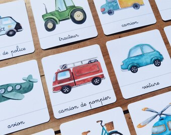 Les véhicules, transports - documents linguistiques - cartes de nomenclature - jeu d’apprentissage Montessori éducatif