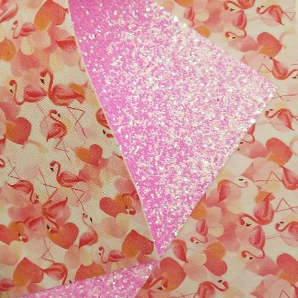 Double Sided Flamingo faux leather,Beautiful  Flamingo and Pink Chunky glitter TheFabricDude