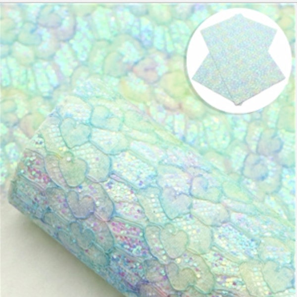 Green Lace Love chunky glitter faux leather sheets great for bows and earrings TheFabricDude