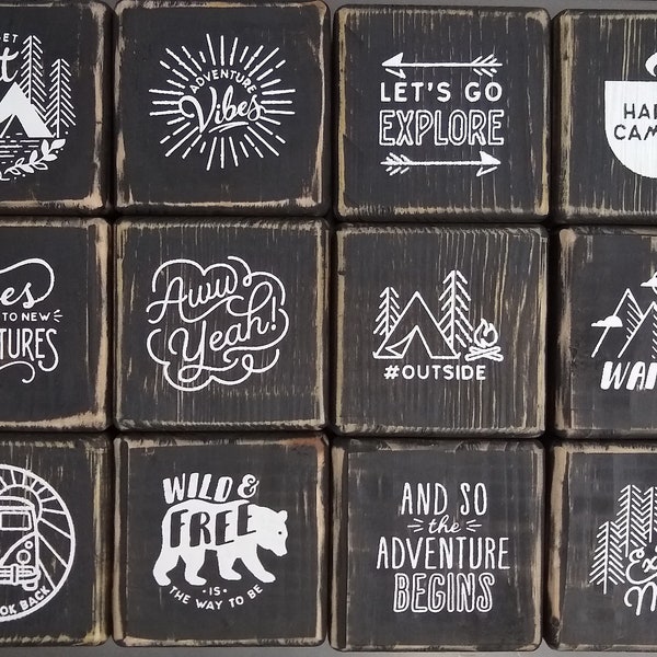 Explore More block decor. Rustic, black and white, solid wood blocks with outdoor themes. Say yes to new adventures...each 3.5" x 3.5"