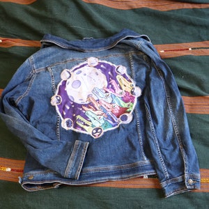 Denim Jacket with Rainbow Skull Wolves Howling at the Moon