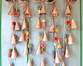 Windchime with cow bells and unique clay beads, wall art decor, bells on a string, carillon, hanging mobile, jingle bell rustic country boho