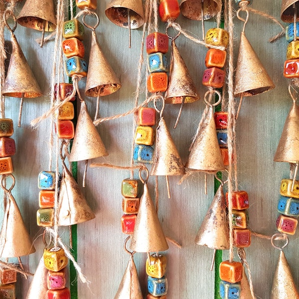 Windchime with cow bells and ceramic square cubic beads, Hanging wall art, bells on a string, carillon, mobile, brass jingle bell, rustic