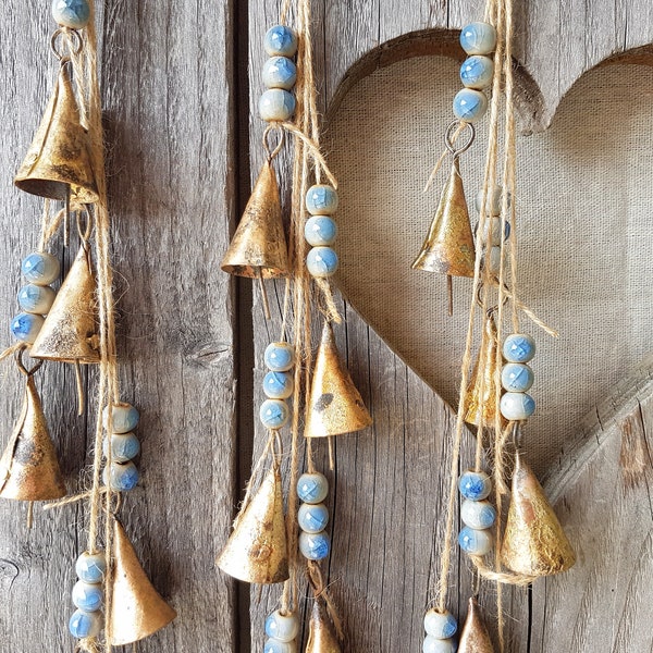 Rustic windchime with cow bells and ceramic beads, bells on a string, carillon, mobile, wall hanging, brass jingle bell, beach wedding sea