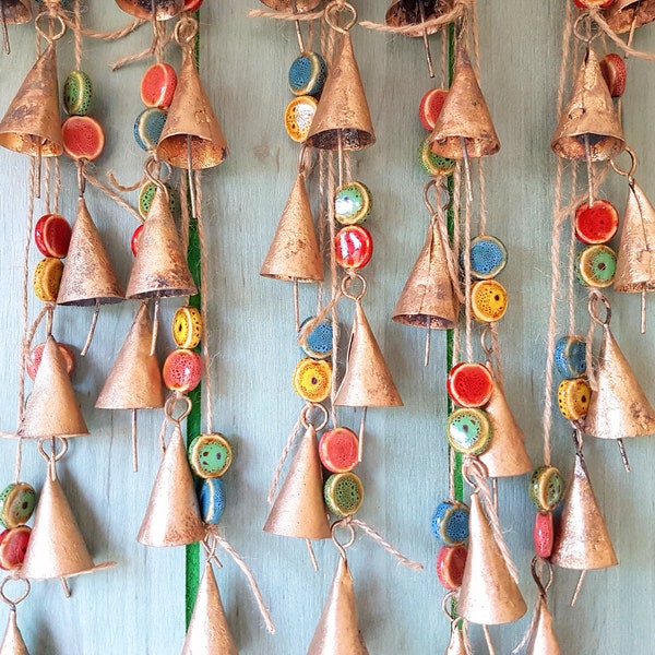 Windchime with cow bells and unique clay beads, wall art decor, bells on a string, carillon, hanging mobile, jingle bell rustic country boho
